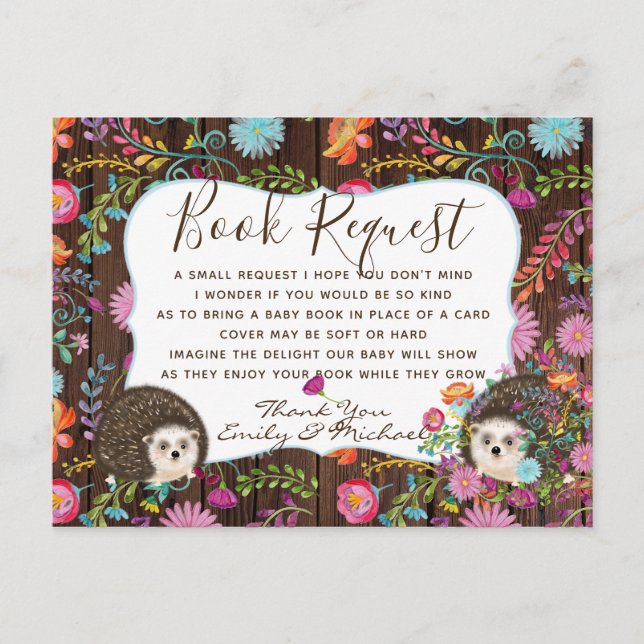 Woodland Hedgehog BOK Request Dikt 4 Baby Shower Vykort (Framsida)