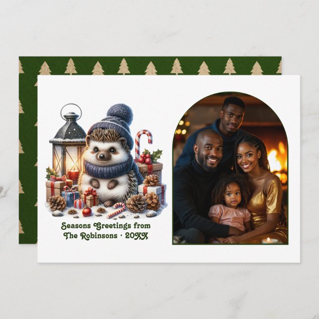 Woodland Hedgehog Cozy Forest Christmas Photo Julkort (Fram/baksida)