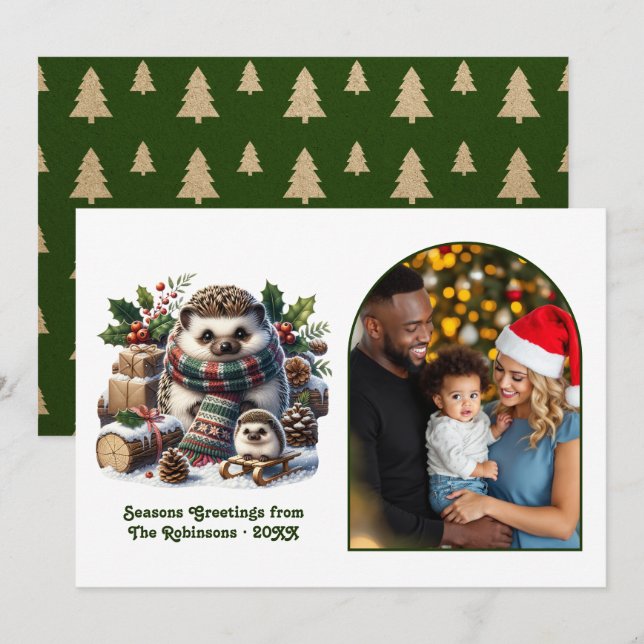 Woodland Hedgehog Family Cozy Forest Christmas Julkort (Fram/baksida)