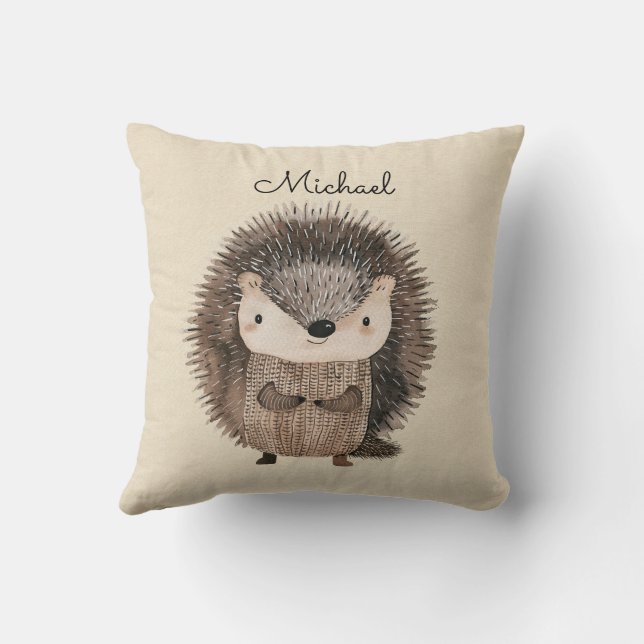 Woodland Hedgehog Faux Linen Personlig Kudde (Baksida)