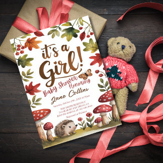 Woodland Hedgehog Mushroom Girl Baby Shower Inbjudningar