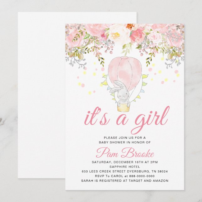 Woodland Hett Luft Ballon Bunny Baby Shower Inbjudningar (Fram/baksida)