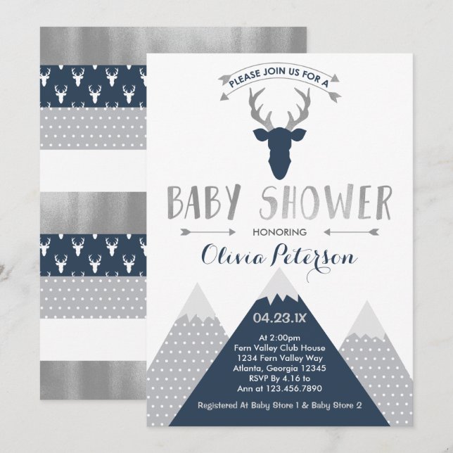 Woodland Hjort Baby Shower-inbjudan, Faux Foil Inbjudningar (Fram/baksida)