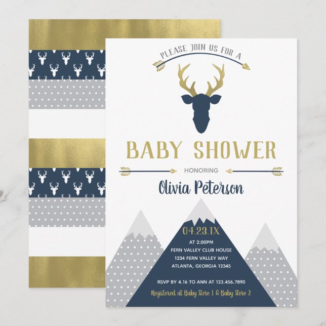 Woodland Hjort Baby Shower-inbjudan, Faux Foil Inbjudningar (Fram/baksida)