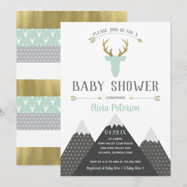 Woodland Hjort Baby Shower-inbjudan, Faux Foil Inbjudningar (Fram/baksida)