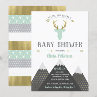 Woodland Hjort Baby Shower-inbjudan, Faux Foil Inbjudningar