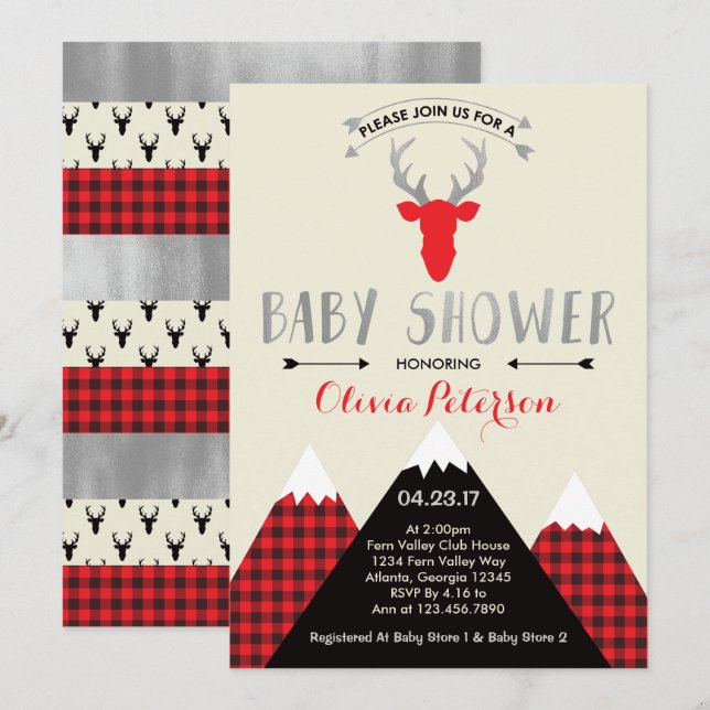 Woodland Hjort Baby Shower-inbjudan, Faux Foil Inbjudningar (Fram/baksida)
