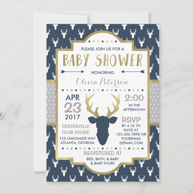 Woodland Hjort Baby Shower-inbjudan, Faux Foil Inbjudningar (Framsida)