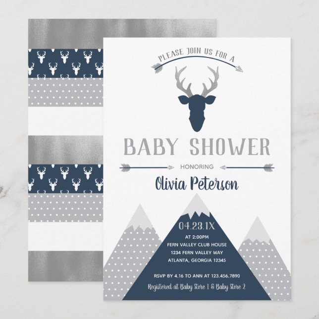 Woodland Hjort Baby Shower-inbjudan, Faux Foil Inbjudningar (Fram/baksida)