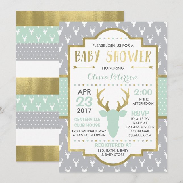 Woodland Hjort Baby Shower-inbjudan, Faux Foil Inbjudningar (Fram/baksida)