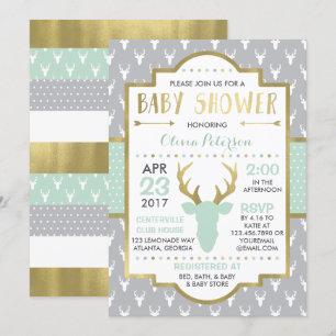 Woodland Hjort Baby Shower-inbjudan, Faux Foil Inbjudningar