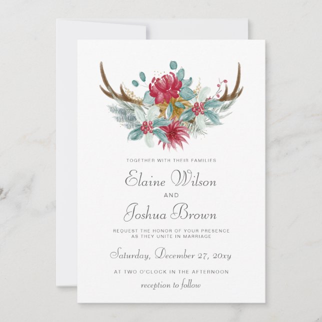 Woodland Hjort Blommigt Antler Winter Wedding Inbjudningar (Framsida)
