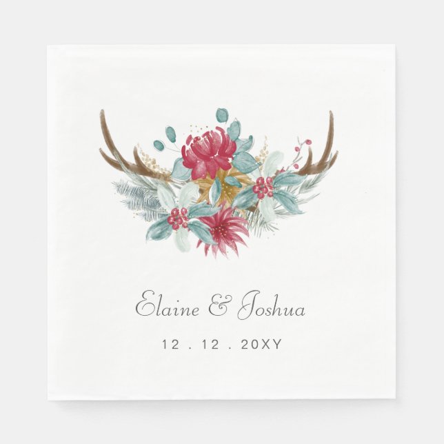 Woodland Hjort Blommigt Antler Winter Wedding Pappersservett (Framsidan)