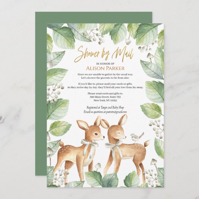 Woodland Hjort Blommigt Greenery Baby Shower by Ma Inbjudningar (Fram/baksida)