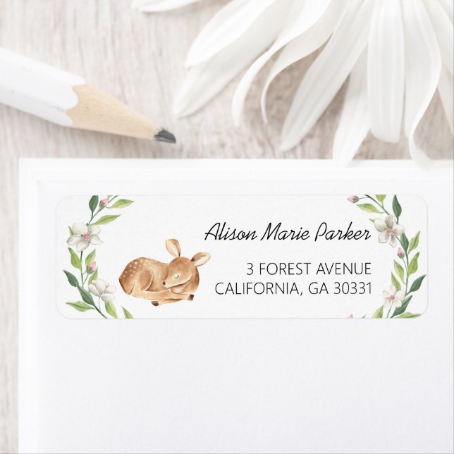 Woodland Hjort Blommigt Greenery Baby Shower Retur Returadress Etikett (Insitu)