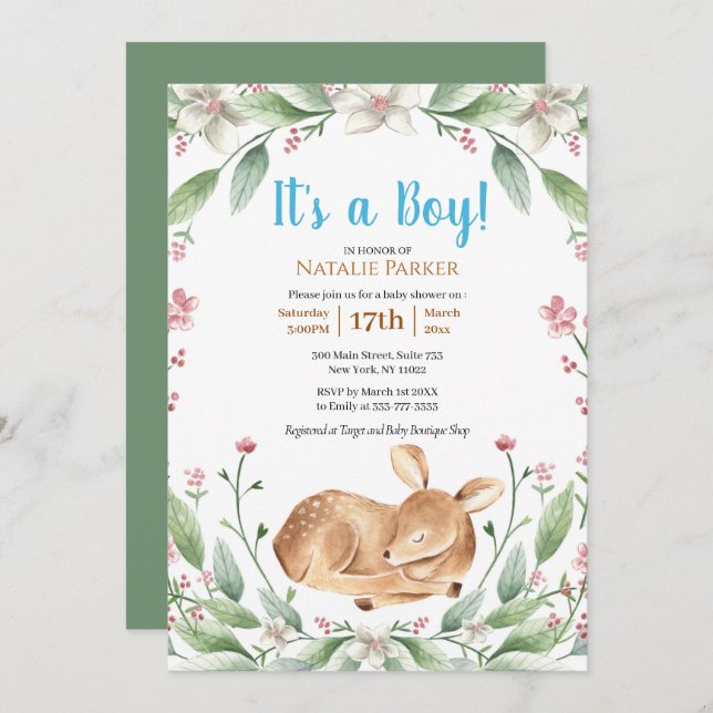 Woodland Hjort Blommigt Greenery Boy Baby Shower Inbjudningar (Fram/baksida)