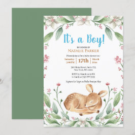 Woodland Hjort Blommigt Greenery Boy Baby Shower Inbjudningar