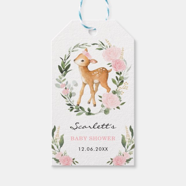 Woodland Hjort  Blommigt Greenery Guld Baby Fawn Presentetikett (Framsidan)