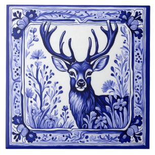 Woodland Hjort Blue and White FolAnimal Art Kakelplatta