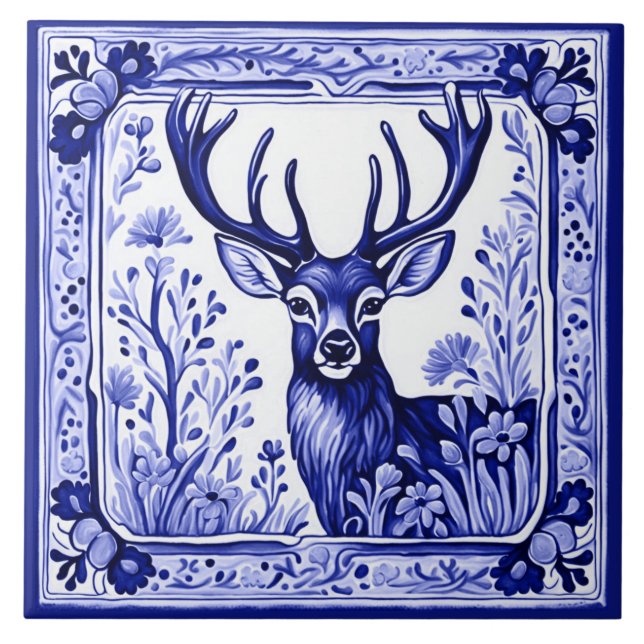 Woodland Hjort Blue and White FolAnimal Art Kakelplatta (Framsidan)