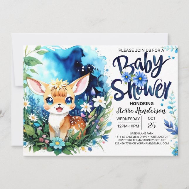 Woodland Hjort Blue Boy Baby Shower Inbjudningar (Framsida)