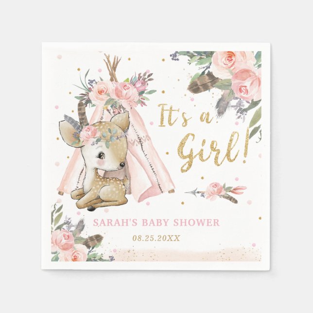 Woodland Hjort Boho Tribal Girl Baby Shower Pappersservett (Framsidan)
