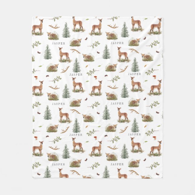 Woodland Hjort Fawn Mönster Baby Namn Fleecefilt (Framsidan)