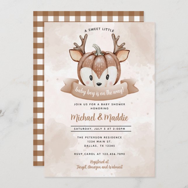 Woodland Hjort Fawn Pumpkin Baby Shower-inbjudan Inbjudningar (Fram/baksida)