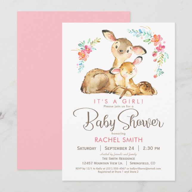 Woodland Hjort Girl Baby Shower Inbjudningar (Fram/baksida)