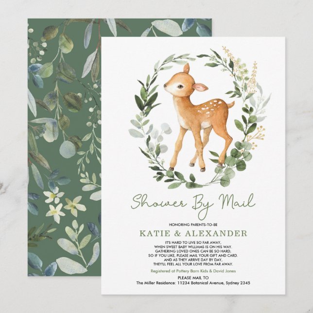 Woodland Hjort Greenery Guld Baby Shower by Mail Inbjudningar (Fram/baksida)