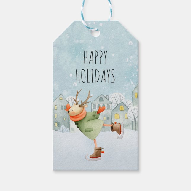 Woodland Hjort Ice Skating Glad helg Presentetikett (Framsidan)