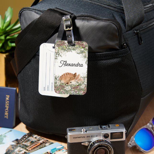 Woodland Hjort Monogram Namn Barnvagn ryggsäck mär Bagagebricka (Framsida & Baksida)