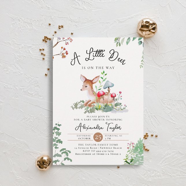 Woodland Hjort Mushroom Greenery Magic Baby Shower Inbjudningar (woodland baby shower invitation enchanted woods forest little deer wildflowers earthy magic)