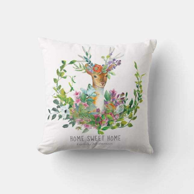 Woodland Hjort Personlig Pillow - Blommigt Boho Kudde (Framsida)