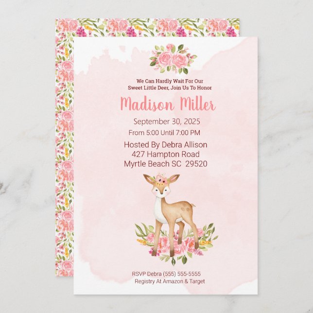 Woodland Hjort Rosa Blommigt Baby Shower Invati Inbjudningar (Fram/baksida)