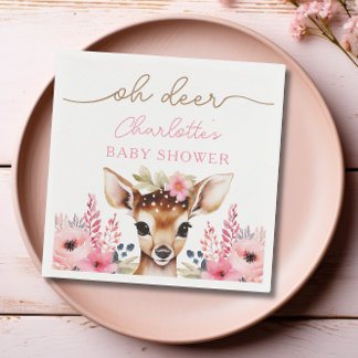 Woodland Hjort Rosa Blommigt Girl Baby Shower Anpa Pappersservett