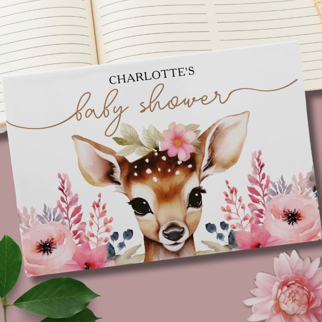Woodland Hjort Rosa Guld Blommigt  Girl Baby Showe Gästböcker (Woodland Deer Pink Gold Floral Girl Baby Shower Guest Book)