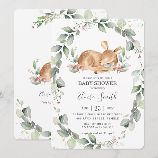 Woodland Hjort Rustic Greenery Leafy Baby Shower Inbjudningar (Fram/baksida)