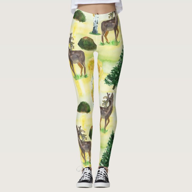 Woodland hjort Watercolor Leggings (Framsida)