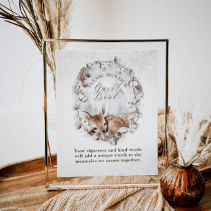 Woodland Hjort Winter Baby Shower Guest Bok Poster