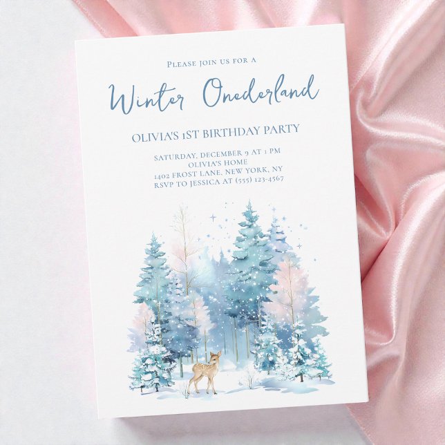 Woodland Hjort Winter Wonderland 1st Birthday Part Inbjudningar (Woodland Deer Winter Wonderland 1st Birthday Party Invitation)