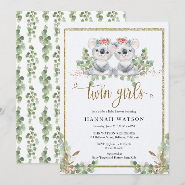 Woodland Koala Eucalyptus Rosa ros Baby Shower Inbjudningar (Fram/baksida)