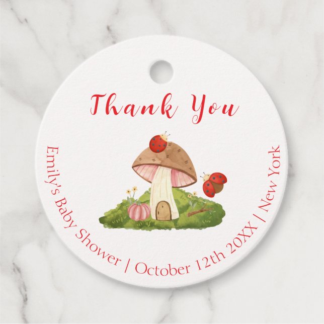 Woodland Ladybug Mushroom Baby Shower Tack Gåvor Etiketter (Framsida)