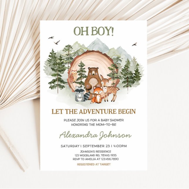 Woodland Låt Äventyr börja babyskaren Inbjudningar (Forest Woodland Baby Shower Invitation)