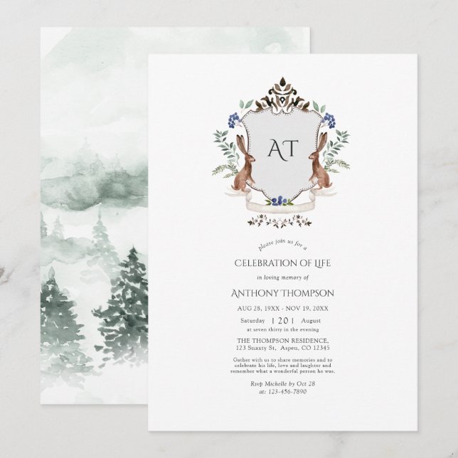 Woodland Laurel Vapensköld Monogram Firande of Lif Inbjudningar (Fram/baksida)