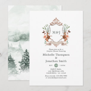 Woodland Laurel Vapensköld Monogram Par Shower Inbjudningar