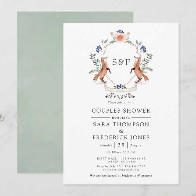 Woodland Laurel Vapensköld Monogram Par Shower Inv Inbjudningar (Fram/baksida)