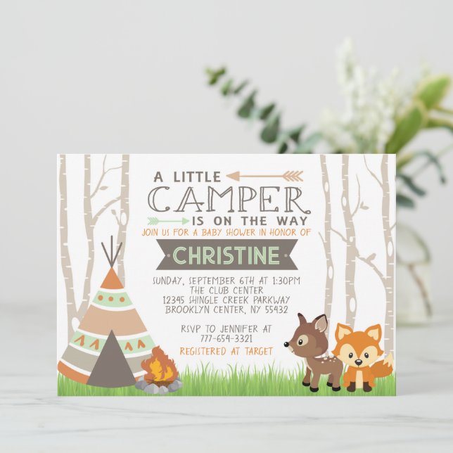 Woodland Little Camper Teepee Baby Shower Inbjudningar (Stående Fram)
