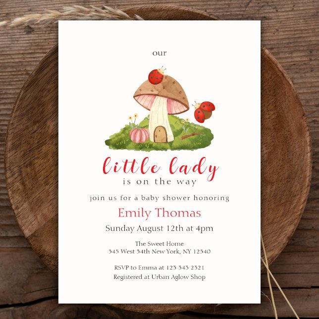 Woodland Little Dam Ladybug Mushroom Baby Shower Inbjudningar (Woodland Little Lady Ladybug Mushroom Baby Shower Invitation)