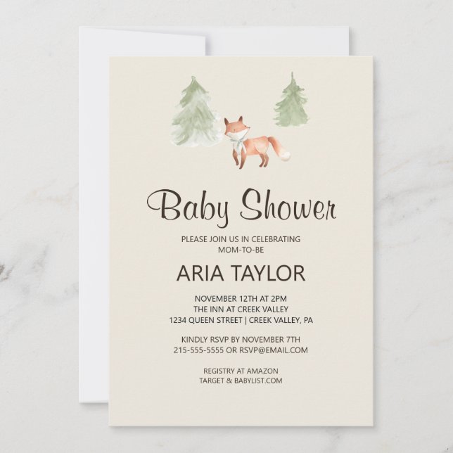 Woodland Little Fox Baby Shower Inbjudningar (Framsida)